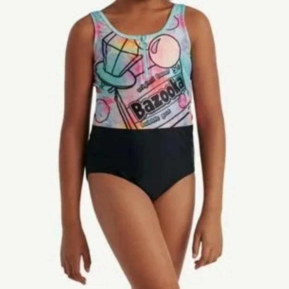 Justice Bazooka Logo Girls One-Piece Zip Front Junior Swimsuit. NEW
